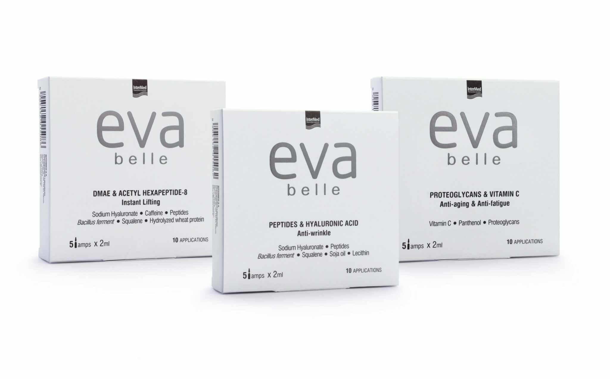 Συσκευασίες των προϊόντων Eva Belle DMAE & ACETYL HEXAPEPTIDE-8, PEPTIDES & HYALURONIC ACID & PROTEOGLYCANS & VITAMIN C της InterMed